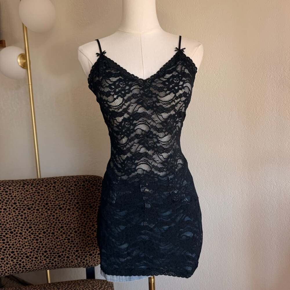 Cacique Lingerie Black Lace Slip Dress Size M Y2K Whimsigoth